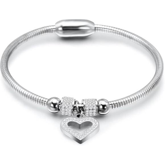 Heart Charm Birthday Bracelet Stainless Steel Love Bangle Cuff Jewelry - Picture 5 of 5